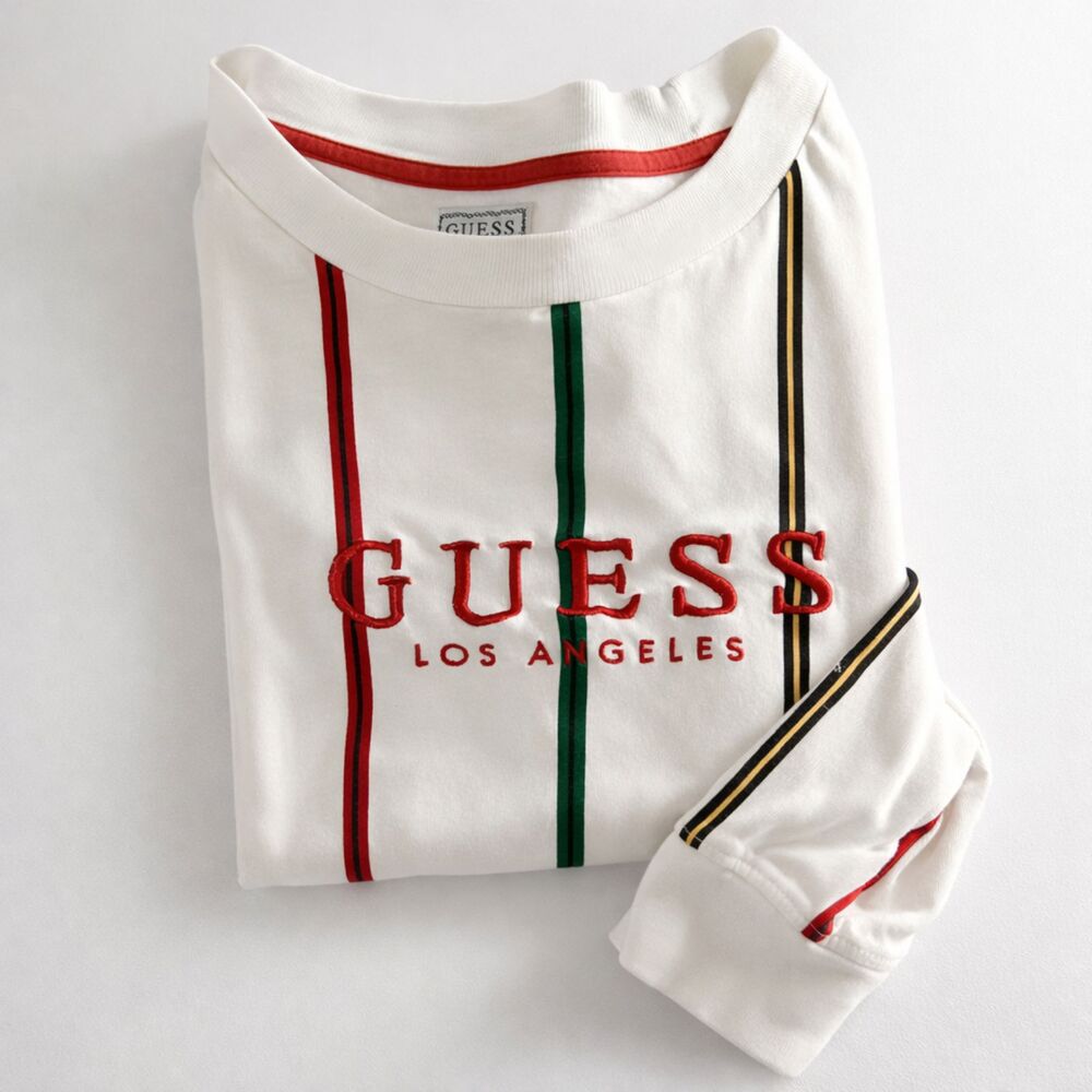 VTG 80s 90s GUESS, Long Sleeve, Vertical Striped Embroidered Logo Shirt, sz S